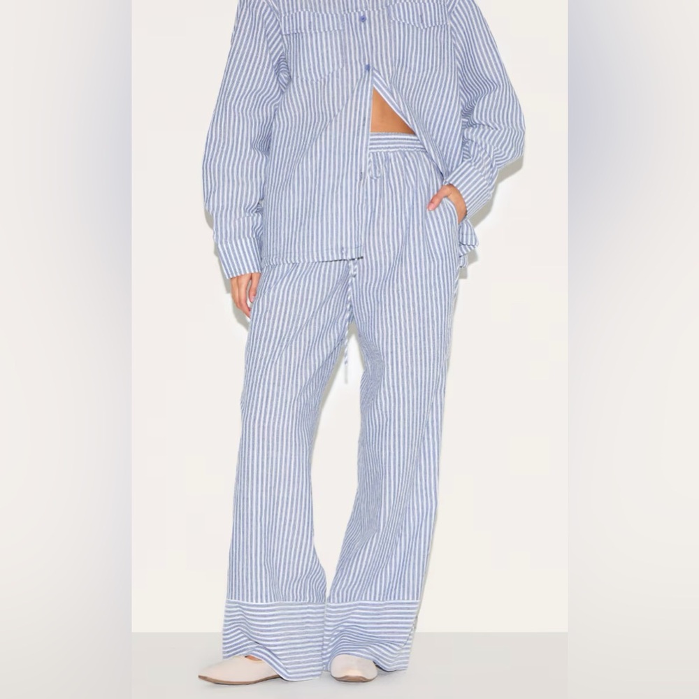 PrettyLittleThing Blue Striped Linen Drawstring Wide Leg Pants